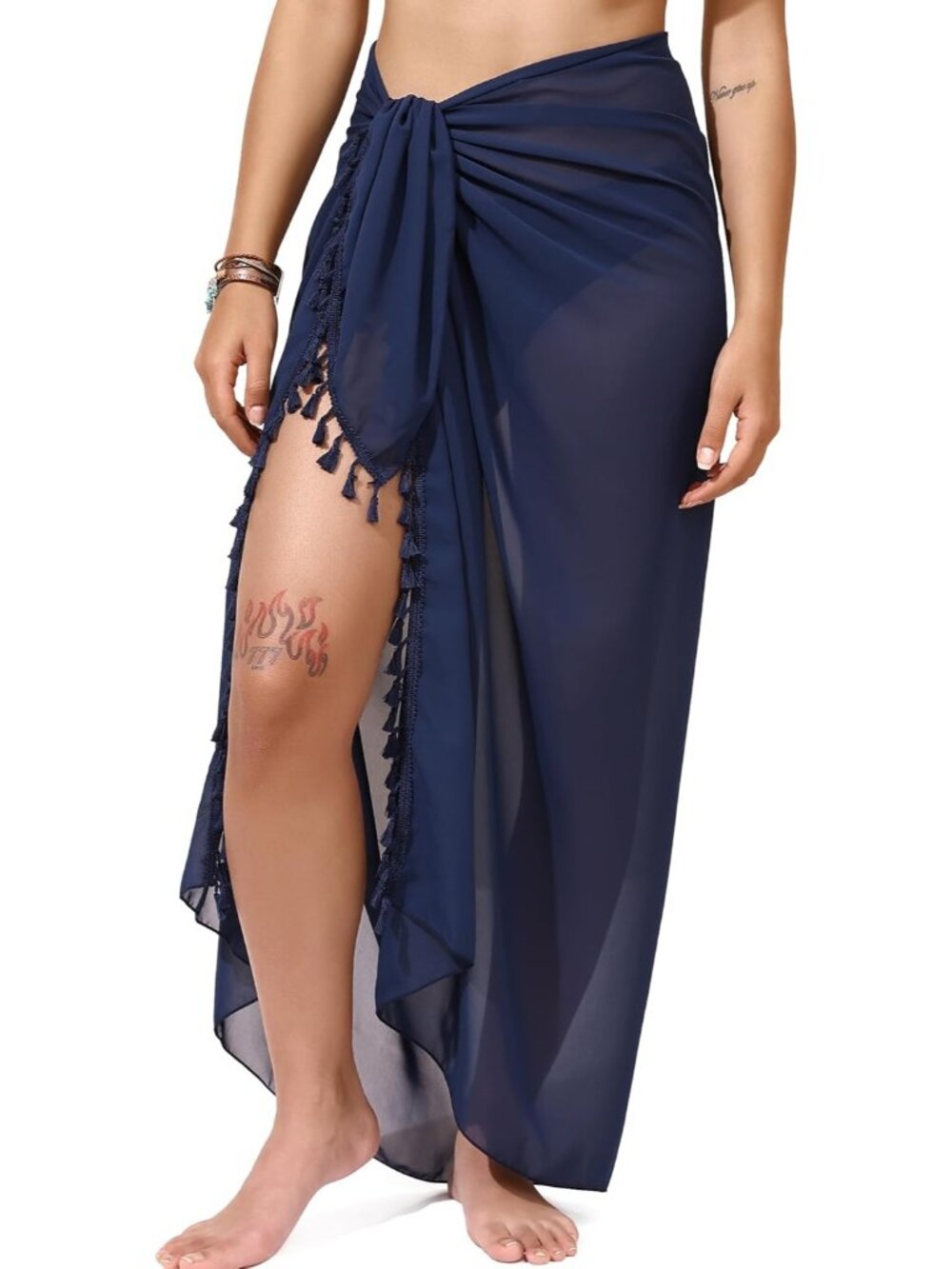Women Navy Blue Tassels Polyester Chiffon Sheer Bikini Wrap And Beach Sarong